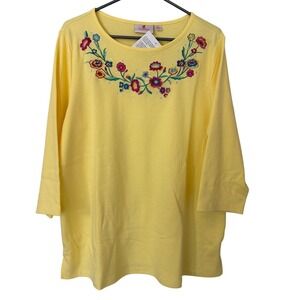 Quacker‎ Factory Jeanne Bice Yellow Floral Embroidered Rhinestone Top Large